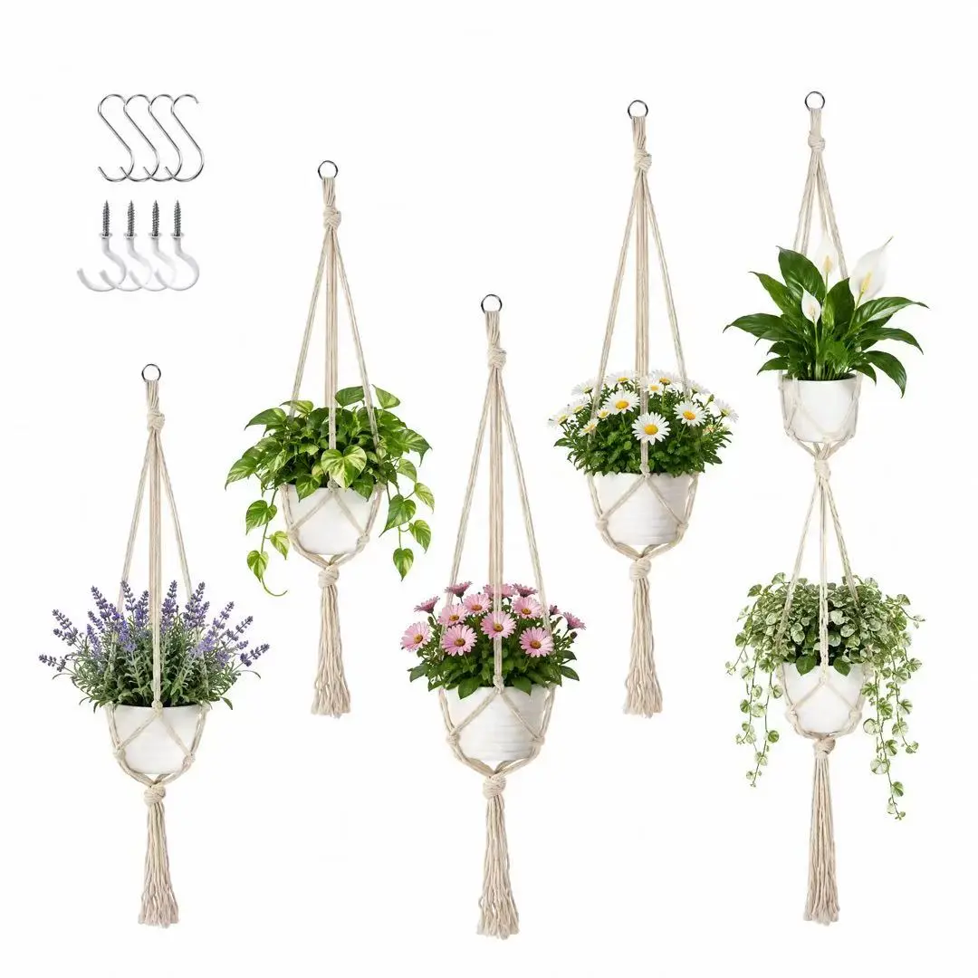 5 Pack Macrame Plant Hangers, Indoor Hanging Plant Holder with S Hooks and Hook Nails, 2 Sizes 34"/54",Indoor Outdoor, Includes 5 S Hooks and 5 Hook Nails, Handmade Macrame Planter Hanging Baskets for Small Plant Pots, Boho Home Decor (Ivory)