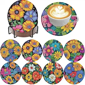 8 pieces/set of diamond painted coaster set, flower series patterned coaster (with holder) - DIY diamond art craft kit for home decoration, beginner, diamond craft supplies, artificial diamond art craft supplies gift