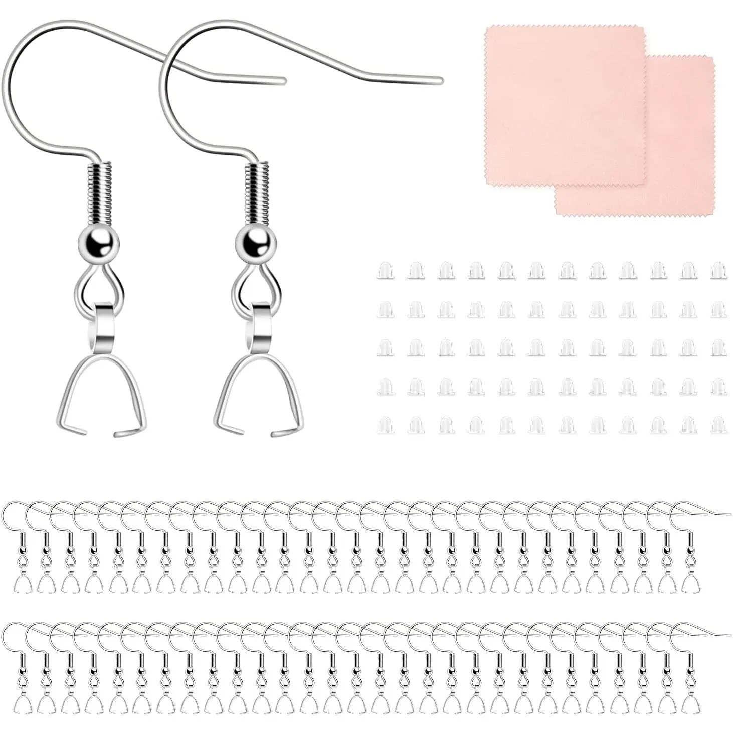 Stainless Steel  Earring Hooks, 100 count Earrings Making Kit, Earring Hooks with Pendant Clasp,  Ear Backs and Polishing Cloth for Earrings Making DIY () (100)