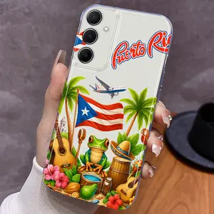 Puerto Rico Flag Print Tropical Green Frog Phone Case for Samsung Galaxy A14 A15 A16 5G A21S A22 A23 A24 A25 A32 A34 A35 A50 A52 A53 A54 A55 A73 S25 Ultra S24 Plus S23+ S22 S21 FE Stylish Transparent TPU Cover Protection Protective Screen Protector Casing