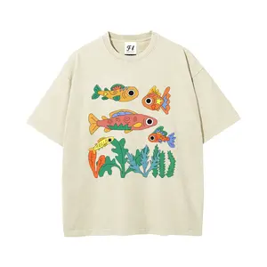 Playful Cartoon Fish School Flat Seagrass Coral Unisex Plus Size Summer Graphic Tees Personalized Pattern Y2k Clothing Round Neck Short-Sleeved Washed T-Shirt,Women's Clothing 100% Cotton, Menswear, Top, Vintage Style, Casual Oversized