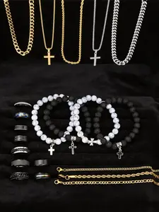21pcs Men's Western Jewelry Set, Casual Cross Ring, Beaded Elastic Bracelet, Stainless Steel Pendant Necklace, Ideal Gift for Father's Day