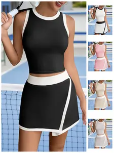 FISOEW Sports  2026 Summer Spring Womens 2 Piece Outfits Casual Sleeveless Contrast Color Tank Tops Workout High Waisted Skort Skirts Sets Fashion Minimalist FallFreshness Shorts Clothes, Crewneck Style