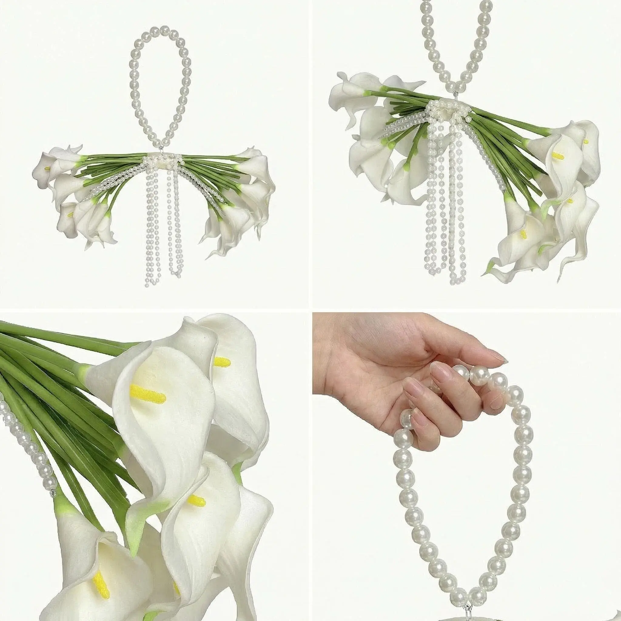 【Summer Deal】Silvanest 20pcs Calla Lily Pearl Cascade Bridal Bouquet with Pearl Arch Handle, Elegant Wedding Bouquet for Bride, Wedding Ceremony Flowers