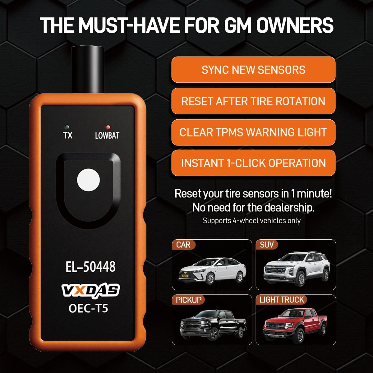 [For  GM]VXDAS EL-50448 TPMS Reset Tool for GM Trucks & Cars | Professional Tire Sensor Relearn for Chevy, GMC, Buick, Cadillac 2006-2026 | Quick Activation for 315/433 MHz OEM Sensors