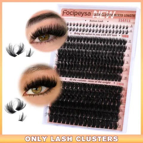 Focipeysa Women's DIY Beauty Cosmetic Eyelash Extensions Kit for Adults - D Curly Thick Cluster Lashes (2 Styles: 100P+200P, 12-18MM-29D), Bottom Lash Clusters, Bond, Seal & Tweezer for Beginner Makeup