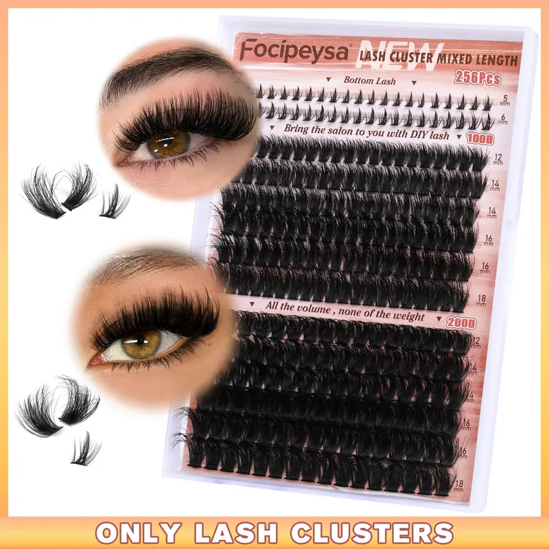 Focipeysa Women's DIY Beauty Cosmetic Eyelash Extensions Kit for Adults - D Curly Thick Cluster Lashes (2 Styles: 100P+200P, 12-18MM-29D), Bottom Lash Clusters, Bond, Seal & Tweezer for Beginner Makeup