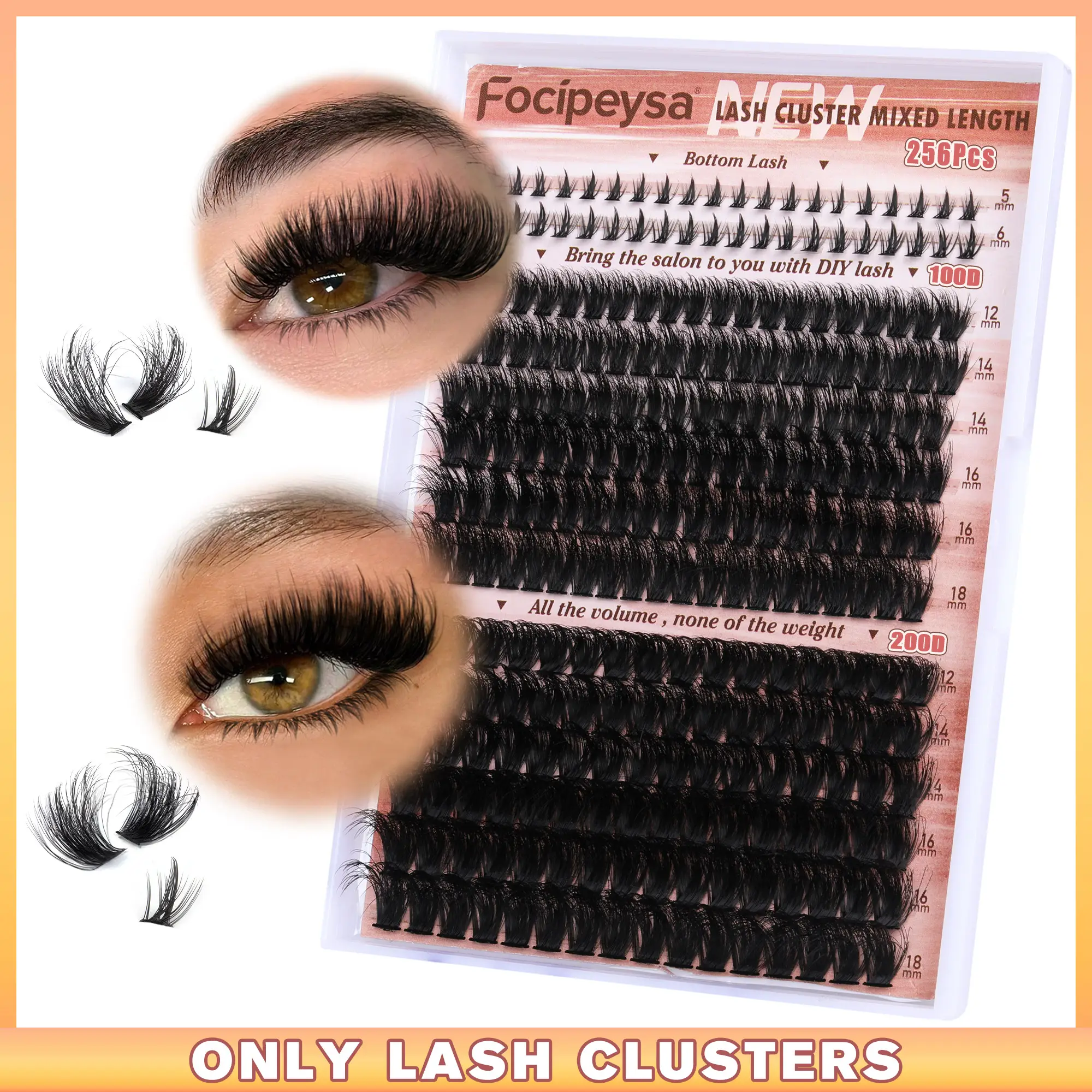 Focipeysa 2 Styles Lash Clusters with Bottom Lashes Full Lash Extension Thick Eyelash Clusters 100P+200P Clusters Lash DIY Eyelash Extension Kit with