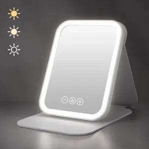 LED Cosmetic Mirror, Portable Folding Vanity Mirror, Dimmable Touch Screen Desktop Cosmetic Mirror, Rechargeable Travel Makeup Mirror