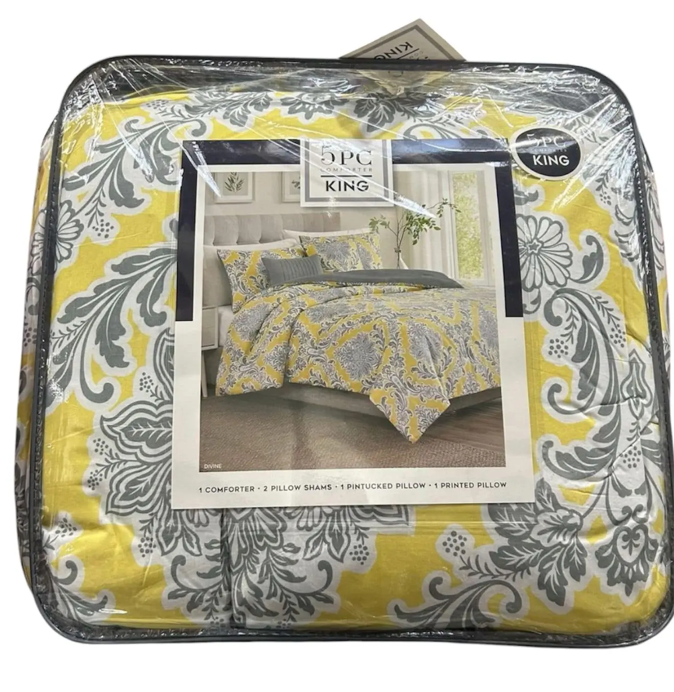 5 PC Comforter King And Queen with Pillows Included Yellow floral