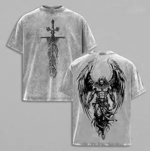 Sanctus Michael Archangelus x Flaming Sword x Shield x Scales of Justice Archangel Michael T-Shirt Saint Michael The Archangel x Flaming Sword T-Shirt Washed Church Outfit Gym Pump Cover ,Christian Religious , Jesus Apparel Round Neck Casual