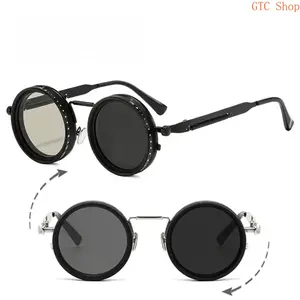 Retro Punk Round Metal Frame Sunglasses, ND9 Adjustable Light Dimming Polarized Shades with UV400 Protection for Men & Women Daily Outdoor Wear summerwins