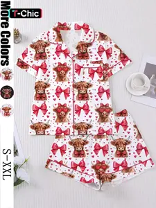 Women's Sleepwear Set, Pajama Set, Pjs, Short Sleeve Button-Up Top & Elastic Shorts, Soft Fitted Design, All-Season Comfortable Homewear, Lady Loungewear, Heart
