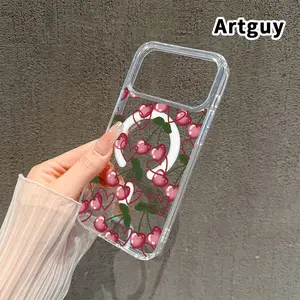 Cherry Hearts Pattern Magnetic Phone Case for iPhone 17 16  Pro Max Plus 15 14 13 12 11 Air E Anti-Yellowing Shockproof Lightweight Transparent Acrylic Large Hole Soft Cover Supports Wireless Charging