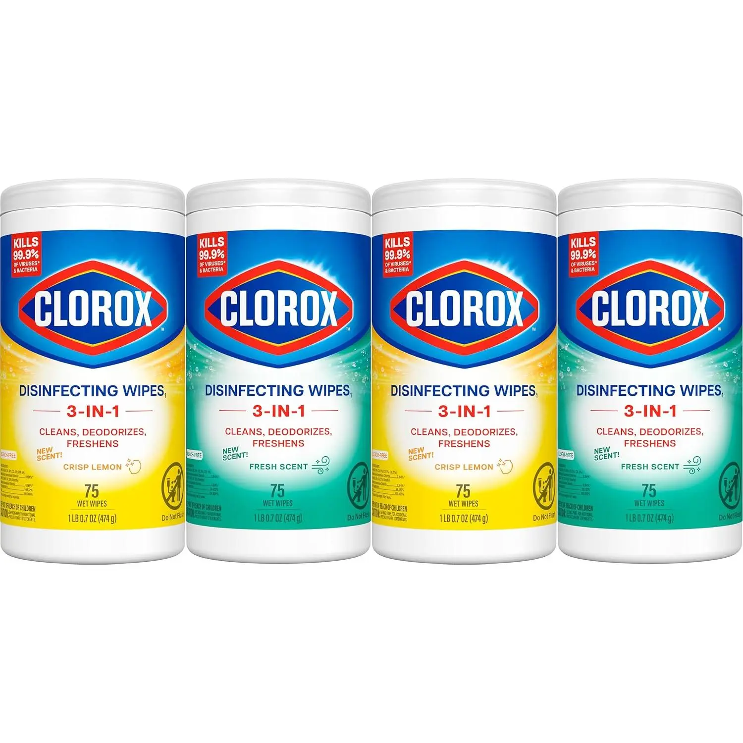 Clorox Disinfecting Cleaning Wipes for Spring Cleaning & Allergy Season, Bleach Free, Fresh Scent and Crisp Lemon, 75 Count Each, Pack of 4