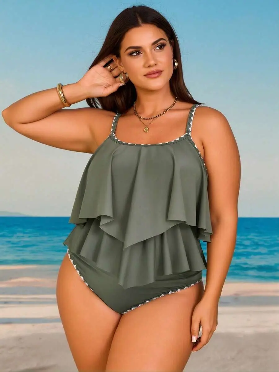 2026 New Vintage Army Green Tankini 2 Piece Set, Double Ruffle & Contrast Trim, Slimming Beach Vacation Swimwear Set