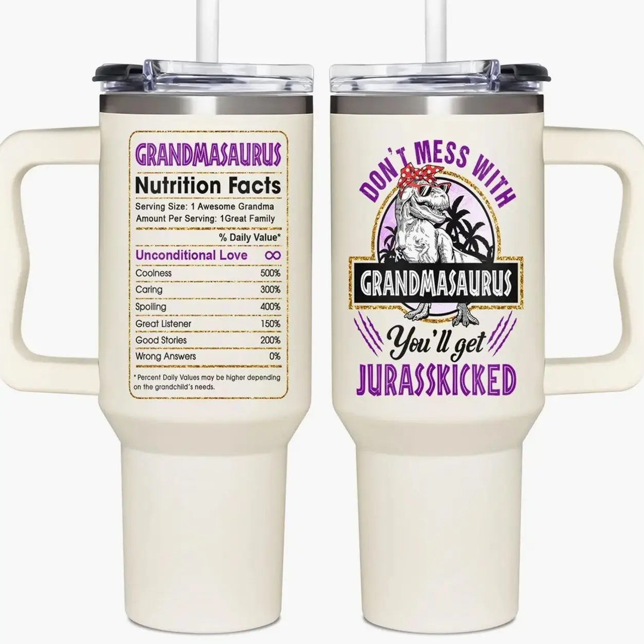 ShinyKT Grandmasaurus 40oz Massive Hydration Insulated Stainless Steel Tumbler - Portable Reusable Vacuum Flask, Custom Handle, Insulated Lid, Straw Cap, Grandma Christmas/Birthday Tea Gift (Stainless Steel Drinkware, Water Bottles)