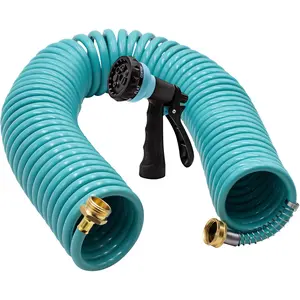 Garden Water Hose 50 ft, EVA Curly Water Hose with Brass Connectors,Garden Hose Coil,Includes 7- Function Sprayer,Retractable, Resistant Garden Coil Hose.
