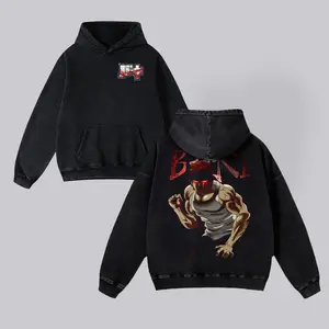 BAKI HANMA Classic Men's Washed Hoodie Sweatshirt Short Sleeve Printed Streetwear Fabric Anime Boxing Menswear Seamless Gift Fans