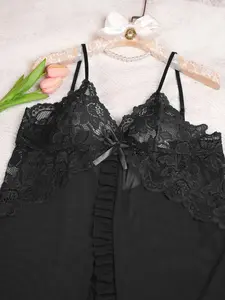 【Plus Size】 Contrast Lace Cami Nightdress & Thong Sexy Lingerie Set, Deep V Neck Nightgown & Panty, Women's Sleepwear for Summer