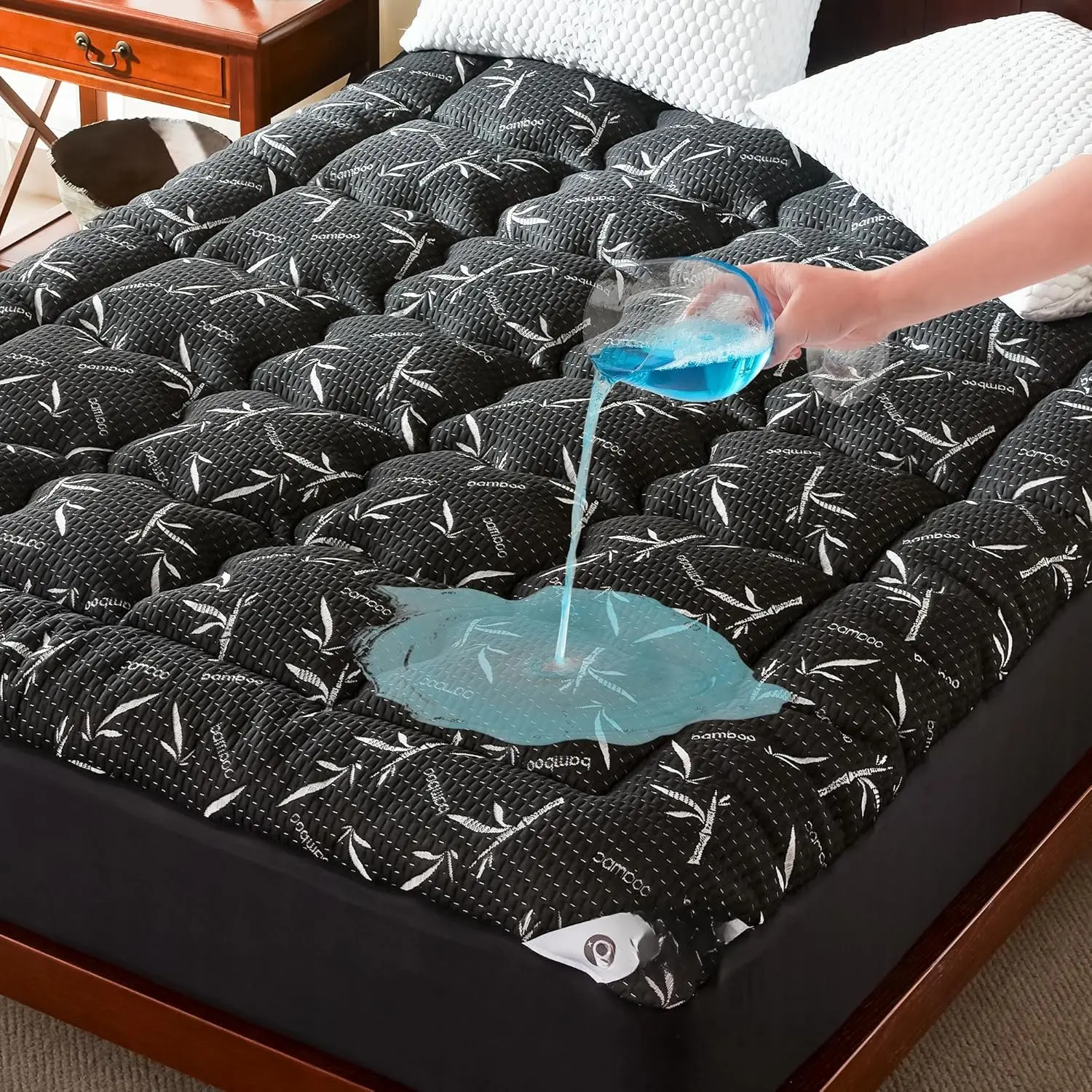 Size Bambo Mattress Topper, Thick Pillow Top Mattress PadUp to 25 Inch Deep Pocket,Soft Breathable Mattress Pad for  ,  Protector Cover(Black)
