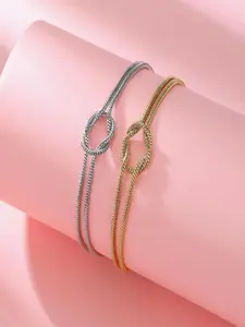 2 Pcs Couple Matching Bracelets, Bow Shape Friendship Wristbands, Silver Color Women's Bracelets, Elegant Jewelry Set