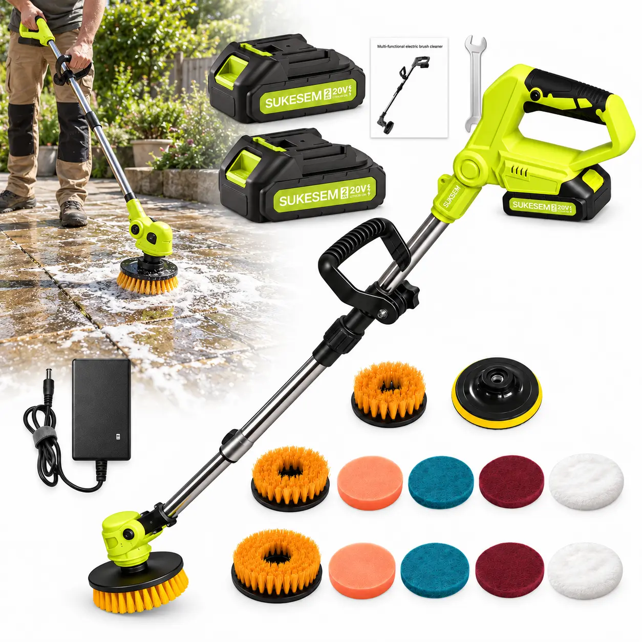 SUKesem 20V Cordless Electric Spin Scrubber, Multi-Functional Power Cleaning Brush with Extension Rod, Rechargeable Battery, Brush Heads & Cleaning Pads for Floor, Kitchen, Bathroom & Tile