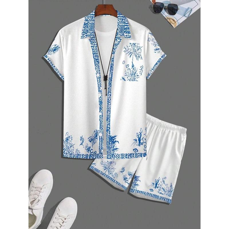 Men's Vacation Palm Tree Digital Print Shirt And Shorts Casual Suit Fabric Menswear