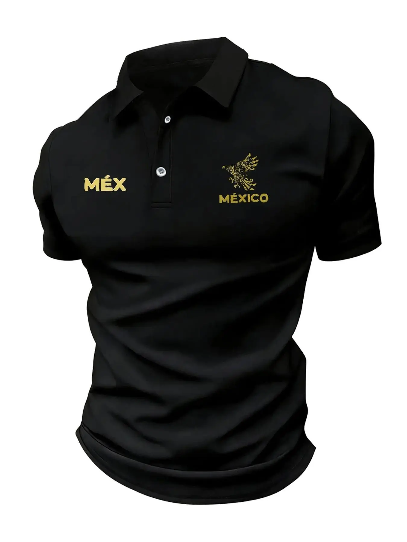 Mexican Eagle Polo Shirt, Printed Polo Shirts, Premium Short Sleeve Fitted, Men's Casual Street Style Top, Vintage Aztec Cultural Print Golf Tee, Summer Outdoor Wear, Stylish Streetwear Collared
