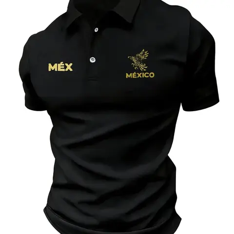 Mexican Eagle Polo Shirt, Printed Polo Shirts, Premium Short Sleeve Fitted, Men's Casual Street Style Top, Vintage Aztec Cultural Print Golf Tee, Summer Outdoor Wear, Stylish Streetwear Collared