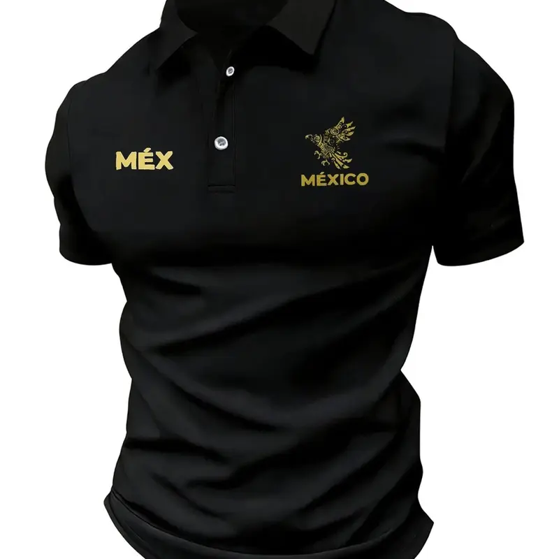 Mexican Eagle Polo Shirt, Printed Polo Shirts, Premium Short Sleeve Fitted, Men's Casual Street Style Top, Vintage Aztec Cultural Print Golf Tee, Summer Outdoor Wear, Stylish Streetwear Collared