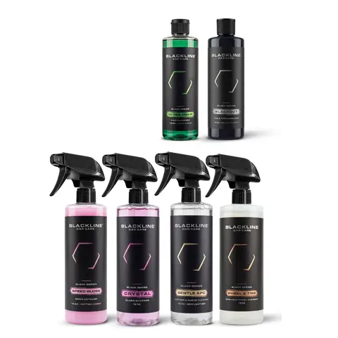 BLACKLINE Professional-Grade Car Wash Set - 6 Essential Car Cleaning Agent Bottles: Foam Cleaner Spray, Wheel & Tire Dressing, All-Purpose Solution, Crystal Glass Cleaner, Blackout Trim Treatment, Quick Detailer Complete Chemical Solution for Vehicles