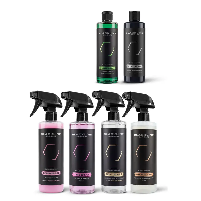 BLACKLINE Professional-Grade Car Wash Set - 6 Essential Car Cleaning Agent Bottles: Foam Cleaner Spray, Wheel & Tire Dressing, All-Purpose Solution, Crystal Glass Cleaner, Blackout Trim Treatment, Quick Detailer Complete Chemical Solution for Vehicles
