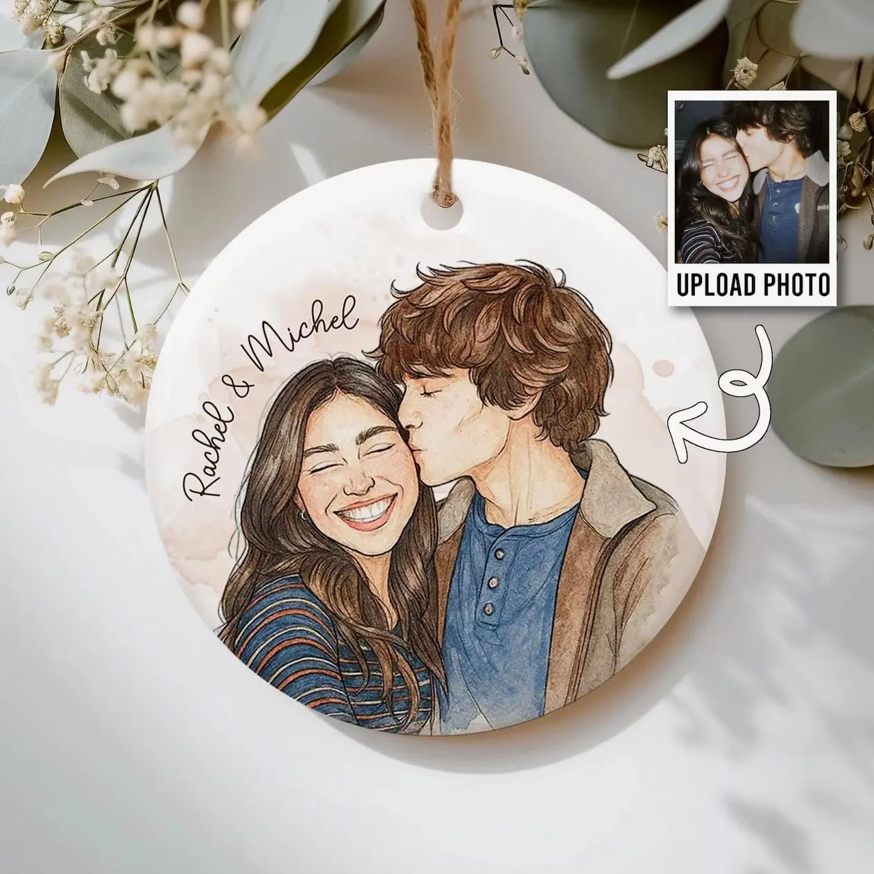 Custom Photo Ornament, Personalized Watercolor Photo Ornaments, Valentine Gift 2026, Family Portrait Ornament, Bestie Gift, Couple Gift