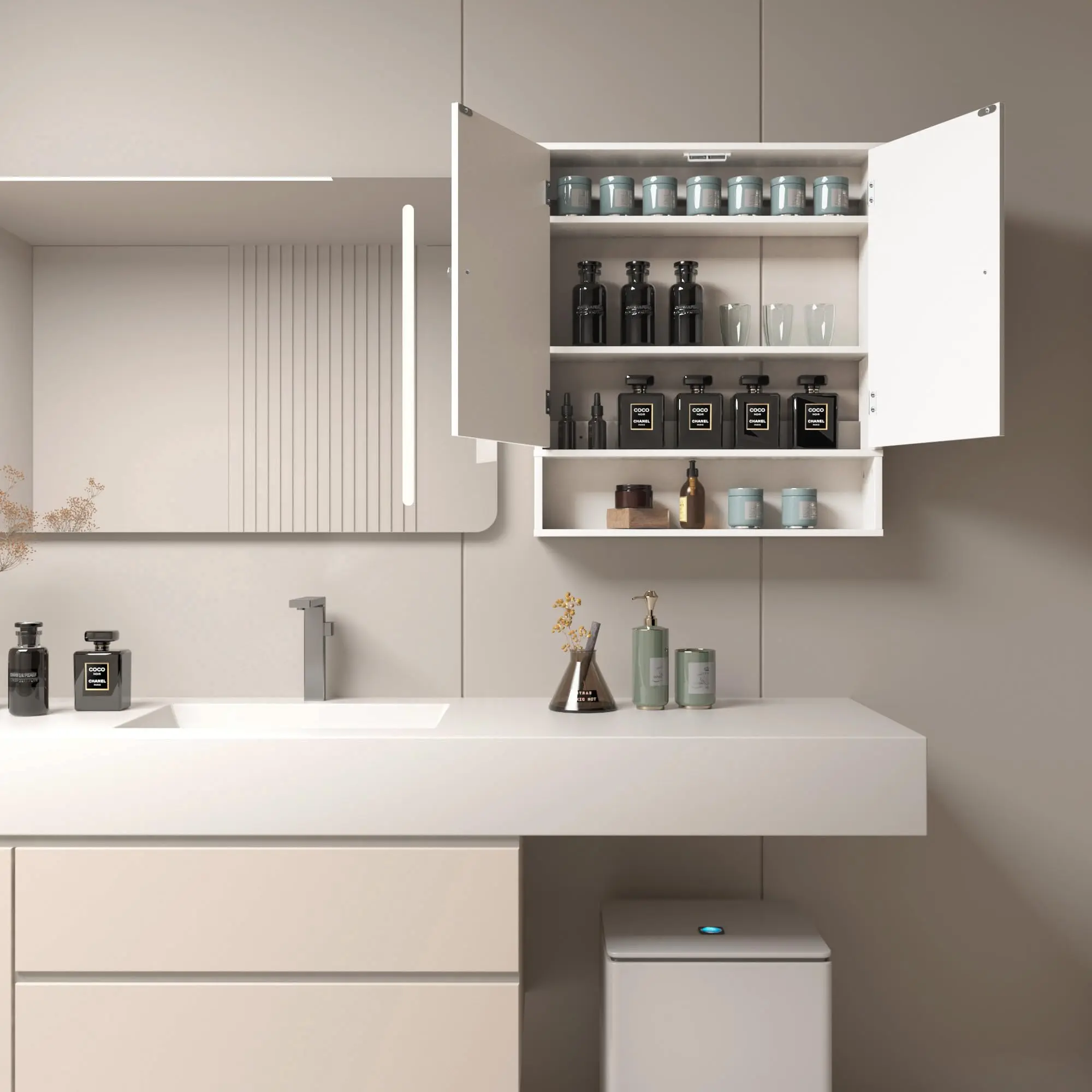 Bathroom Wall Cabinet,Over The Toilet Space Saver Storage Cabinet,Modern Storage Freestanding Organizer Medicine Cabinet with Double Doors for Bathroom,Kitchen,Living Room