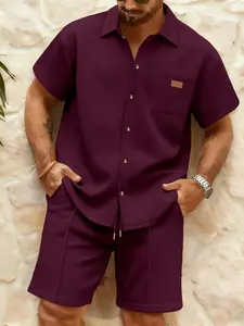 Men's Solid Waffle Shirt and Shorts Set, Summer Casual Breathable, Simple Color Commute Wear, Two-Piece Ensemble