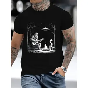 Bigfoot Guitar Tee Campfire Alien Ufo Camping Sasquatch T-Shirt Casual Shortsleeve Fitted Crew Neck 100% Cotton Summer Medium Length