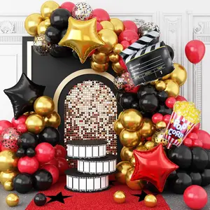 Movie Night Balloon Arch Kit – 113pcs Red, Black & Gold Balloons with Film, Popcorn, Star & Camera Foils for Theater, Birthday & Hollywood Party Decor