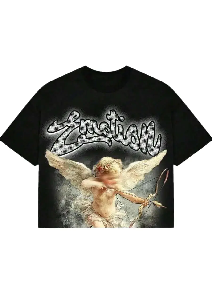 Y2K Cupid Angel Emotion Graphic Tee Grunge Aesthetic Streetwear Oversized T-Shirt Premium Heavyweight Soft Cotton Breathable Fabric Unisex Drop Shoulder Vintage Harajuku Style Top