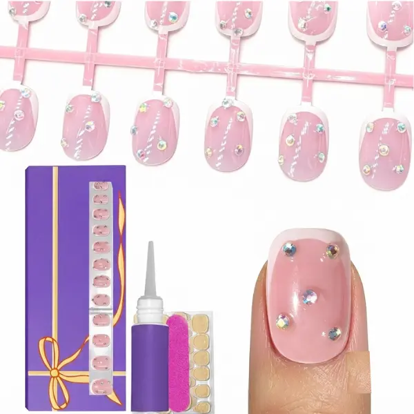 Kids' Non-Toxic Press-on Nails Kit - 24pcs Square French Tips with 3D Rhinestones, 12 Sizes, Adhesive Tabs, Nail File for 6-12 Years, Christmas, Birthday
