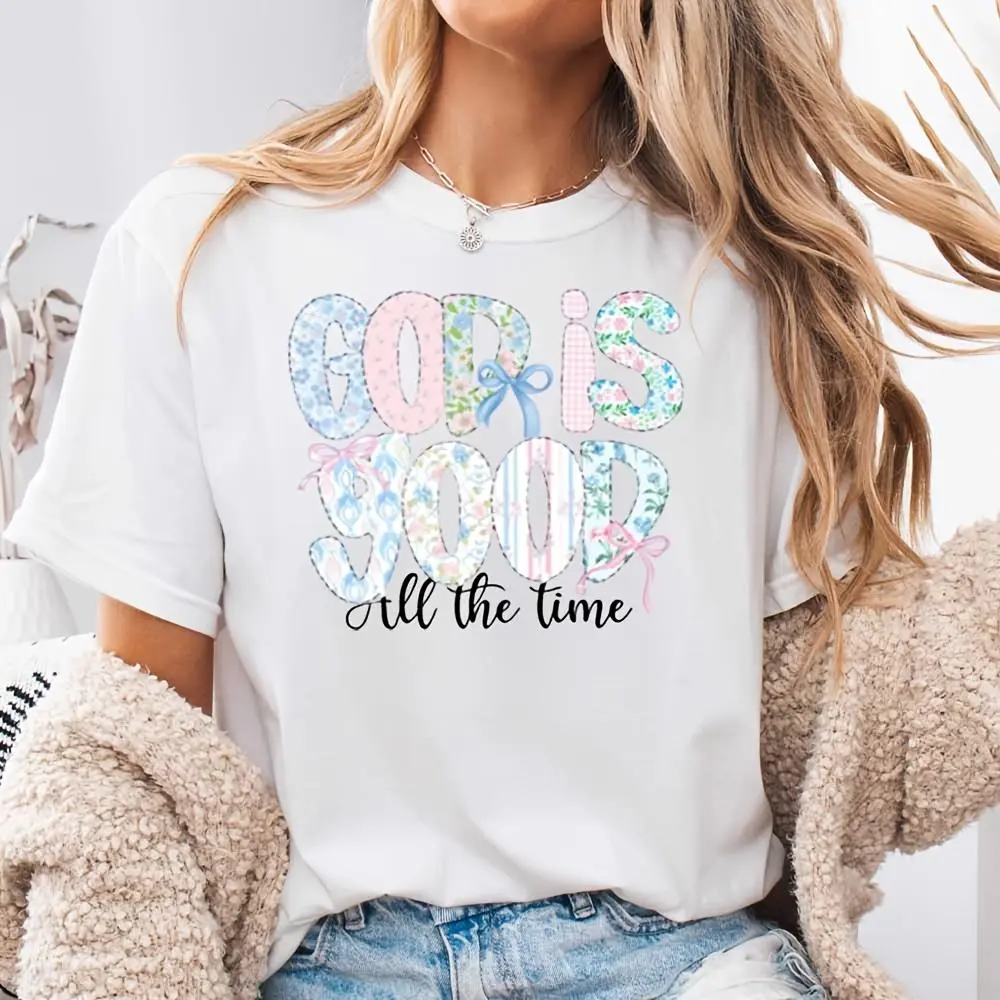 God Is Good All The Time Floral Bow Print, Neck Drop Shoulder T-Shirt, Christian Faith Religious Easter Gift, Church Worship Daily Wear