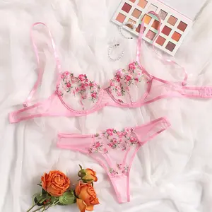 AgeRose Floral Embroidered Sheer Mesh Lingerie Set, Romantic Fairy Style 2-Piece Underwear Kit, Cute & Delicate Everyday Intimates for Women
