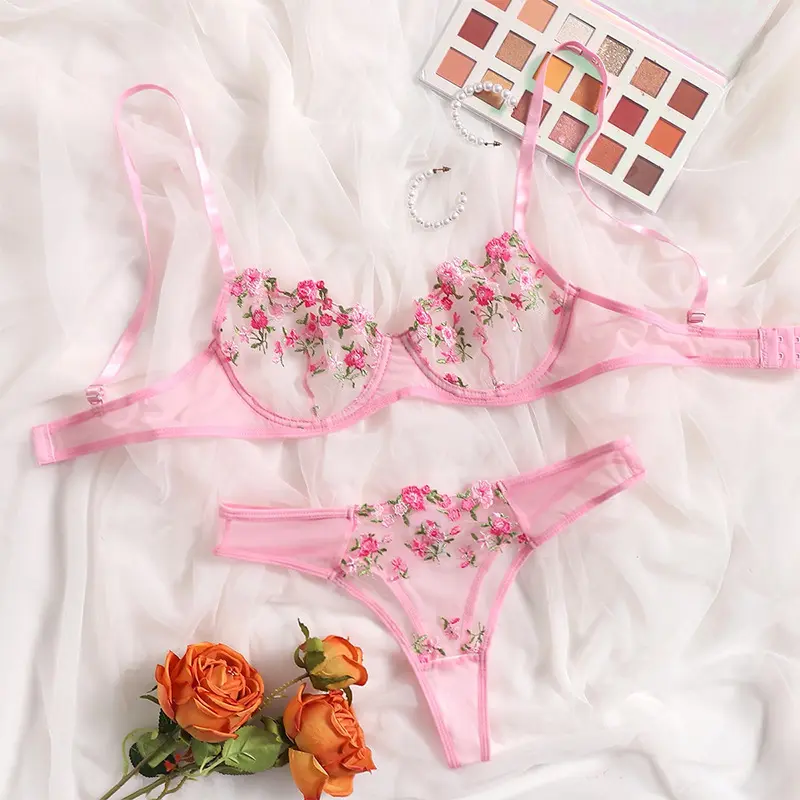 AgeRose Floral Embroidered Sheer Mesh Lingerie Set, Romantic Fairy Style 2-Piece Underwear Kit, Cute & Delicate Everyday Intimates for Women, Embroidery, Girly Feminine Items, Bra Sets, Women's Clothes, Cute Sets For Women
