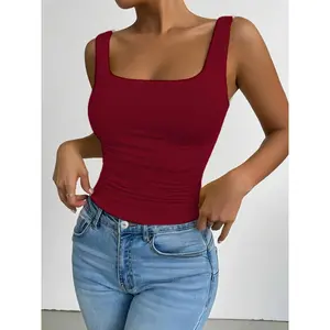 Women's Slim-Fit Sleeveless Square Neck Vest, Casual Summer Top, Plain Color, Moderate Knit Fabric, Perfect for Daily Wear