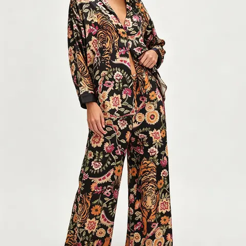 Women's Fall Loungewear Set Stripe/Plaid/Stripe Print Long Sleeve Lapel Button Tops Long Pants Fall Sleepwear Womenswear Pajamas