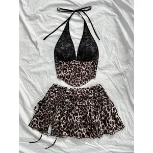 Women's Vacation 2pcs Set: Vintage Lace V-Neck Halter Top With Leopard Print & Ruffle Skirt