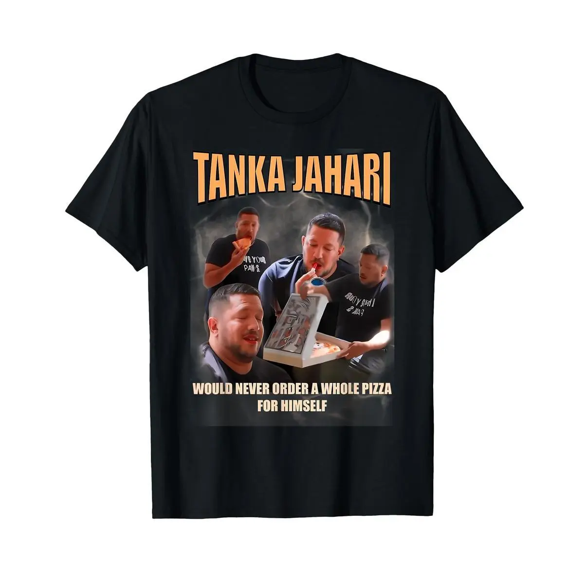 Men's Classic Soft Cotton Blend Crew-Neck Short-Sleeve Distressed Fabric Streetwear T-Shirt - Tanka Jaharis Pizza Meme Print, Aesthetic Casual/Office Top, Pairable with Cargo Pants, Leather Accessories, Jet-Inspired Outfits