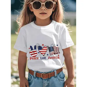 Girls' Peace Love America Flag Heart Stars Fireworks Memorial Day 250th America Anniversary Shirt Short Sleeve T-Shirt - Cute Cartoon Print, Stretchy Breathable Fabric, Vibrant Black & White Casual Summer Top for Ages 3-16, Outdoor Play & Casual