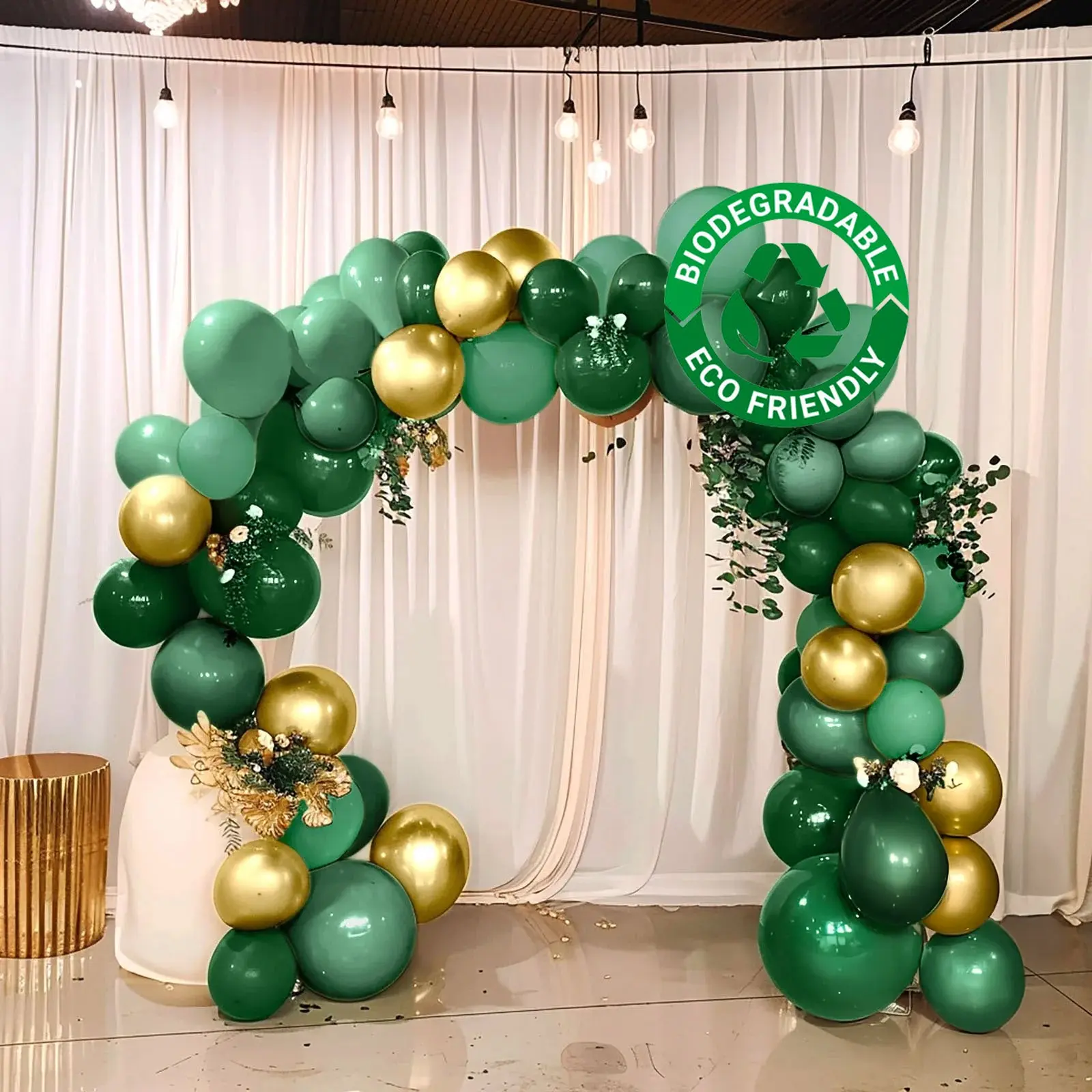 120-Piece Extra-Strong Gold Green Rubber Biodegradable Latex Balloon Garland Kit, Eco-Friendly Arch Supplies with Decor, Photo Booth Props, Hanging Decor for Baby Shower, Birthday Party, Balloon Decor