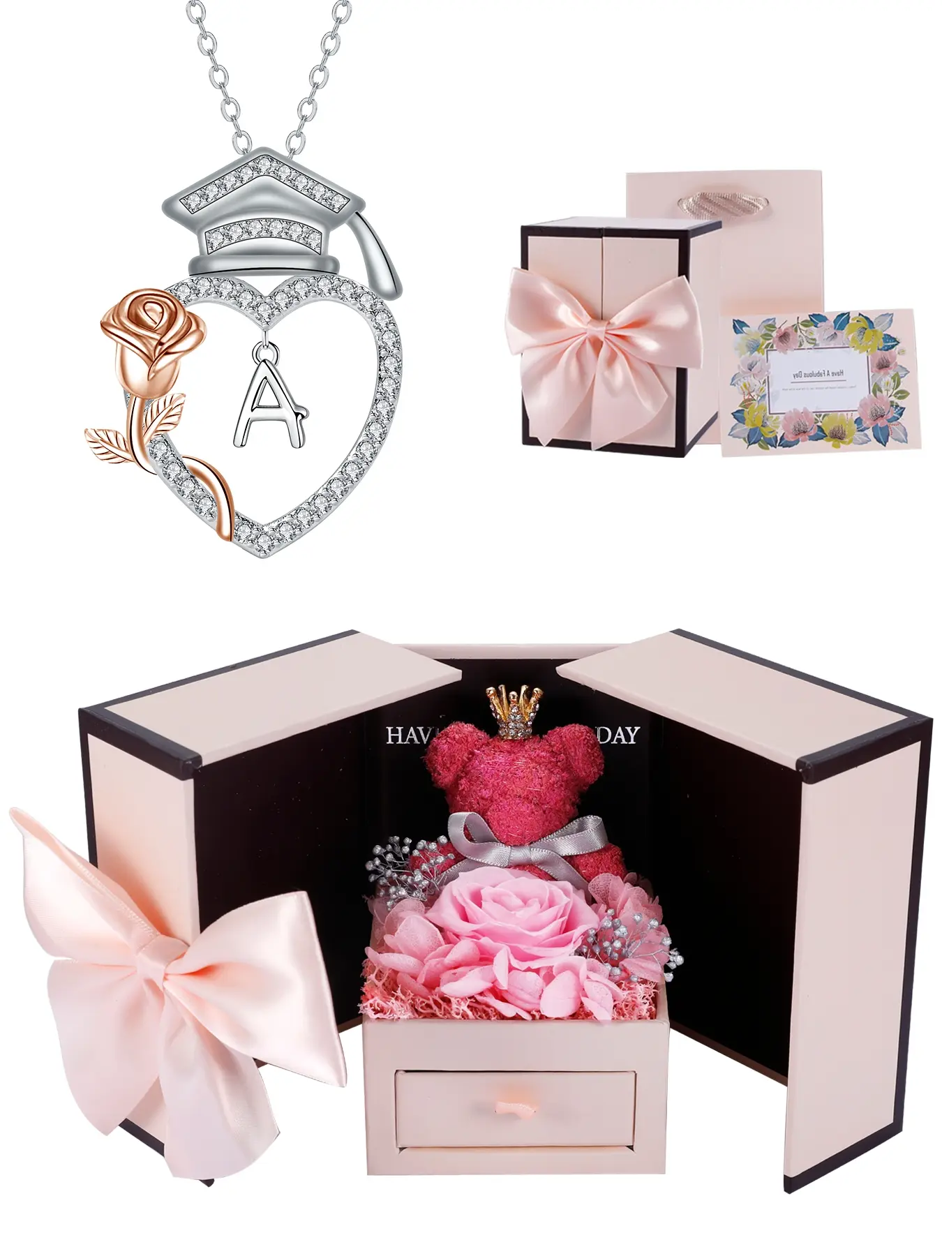 Graduation Heart Rose Necklace With Moss Bear Rose Jewelry Gift Box, Bachelor Cap Pendant Necklace for Women, Graduation Jewelry for Friend Girlfriend, Heart Shaped Necklace, Copper Pendant Necklaces